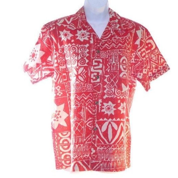Hawaiian Shirt Men's Size Medium M Barkcloth Polynesian Tiki Floral Red White Pr - Picture 1 of 10